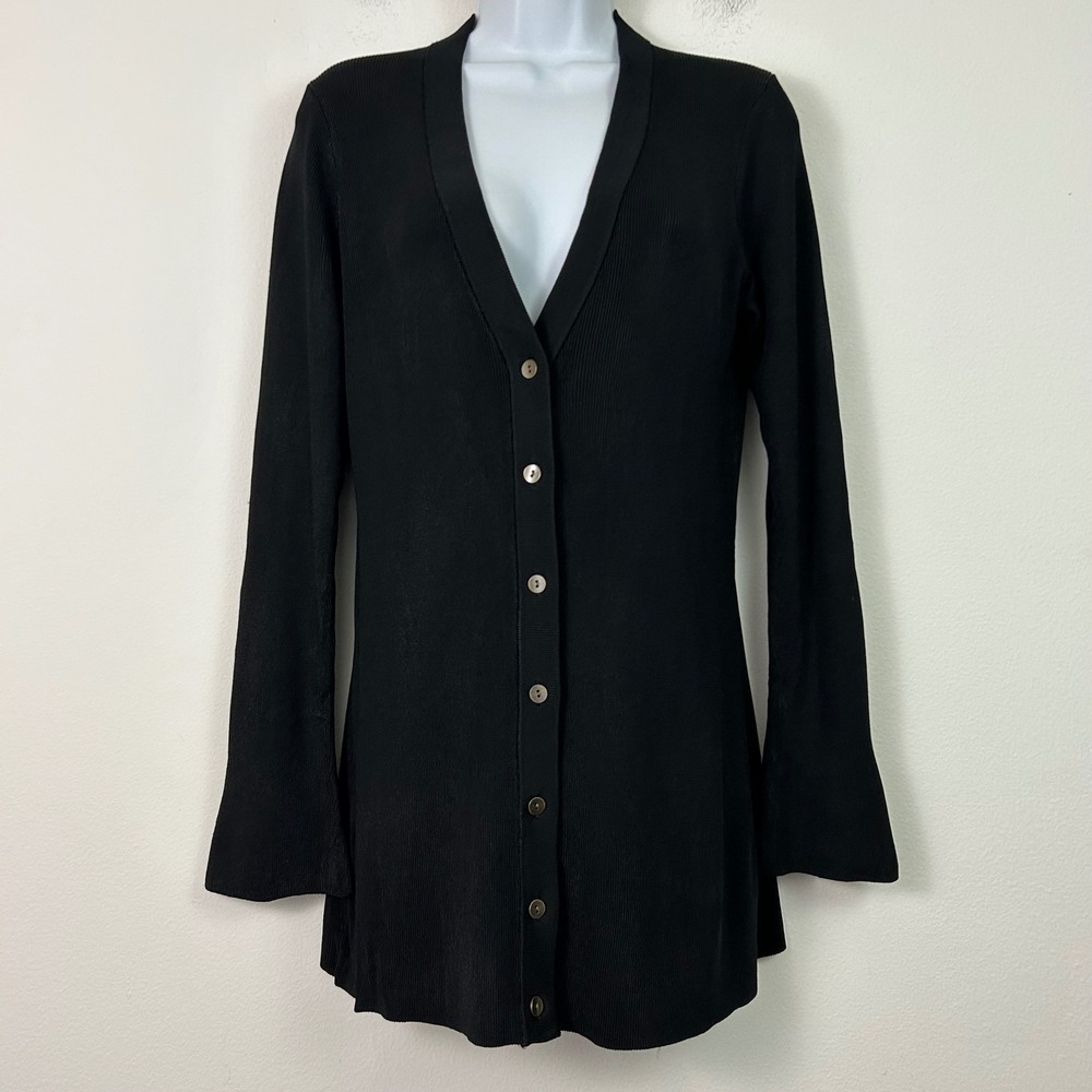 L'AGENCE Medium Karla Black Ribbed Knit V-Neck Button Cardigan
